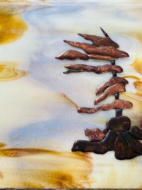 Artist Signed, Contemporary Stained Glass Wall Art w/ Copper Tree Design